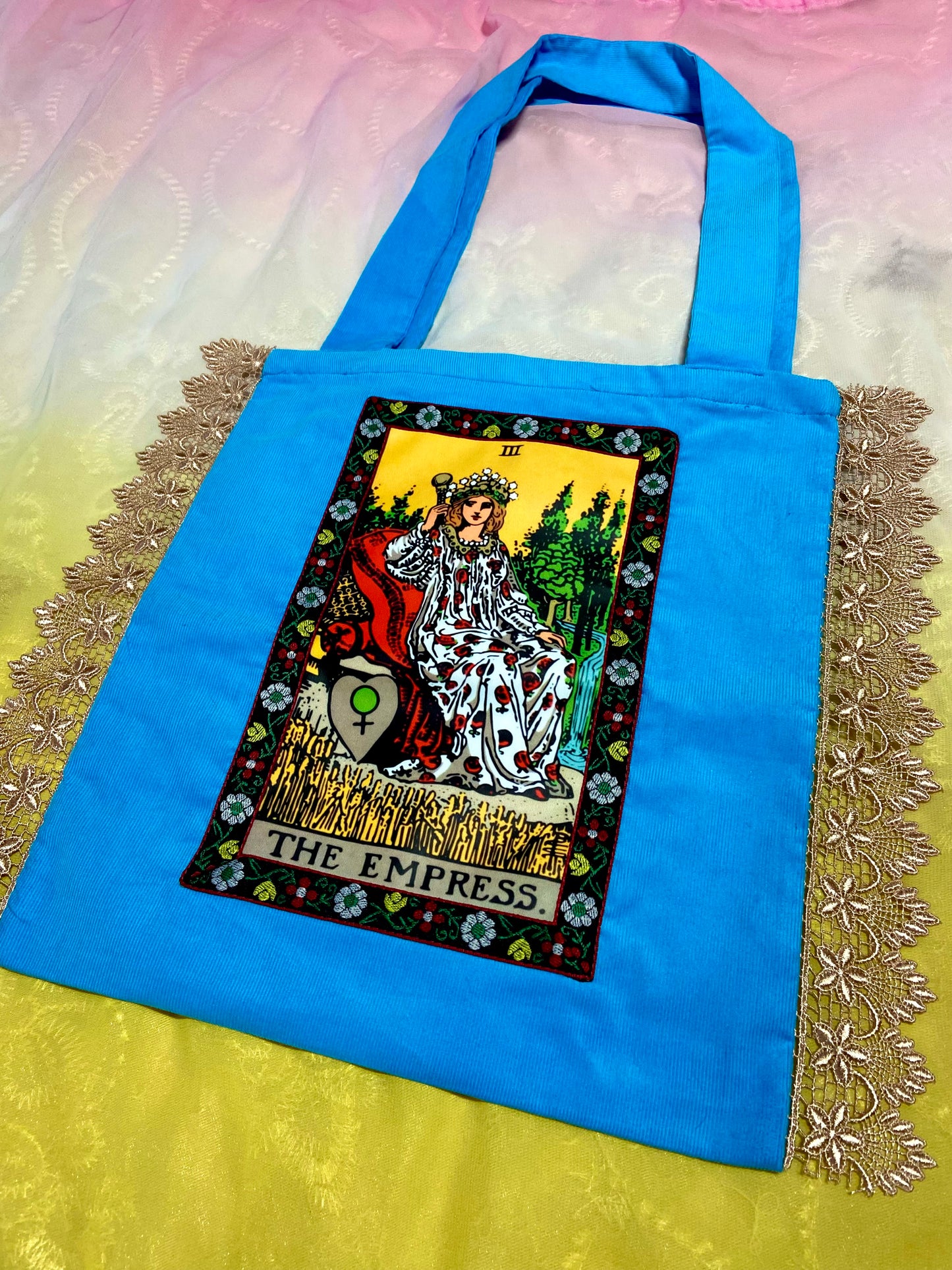 Empress Tarot Tote Bag Blue with Lace