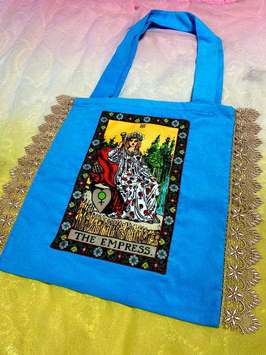 Empress Tarot Tote Bag Blue with Lace
