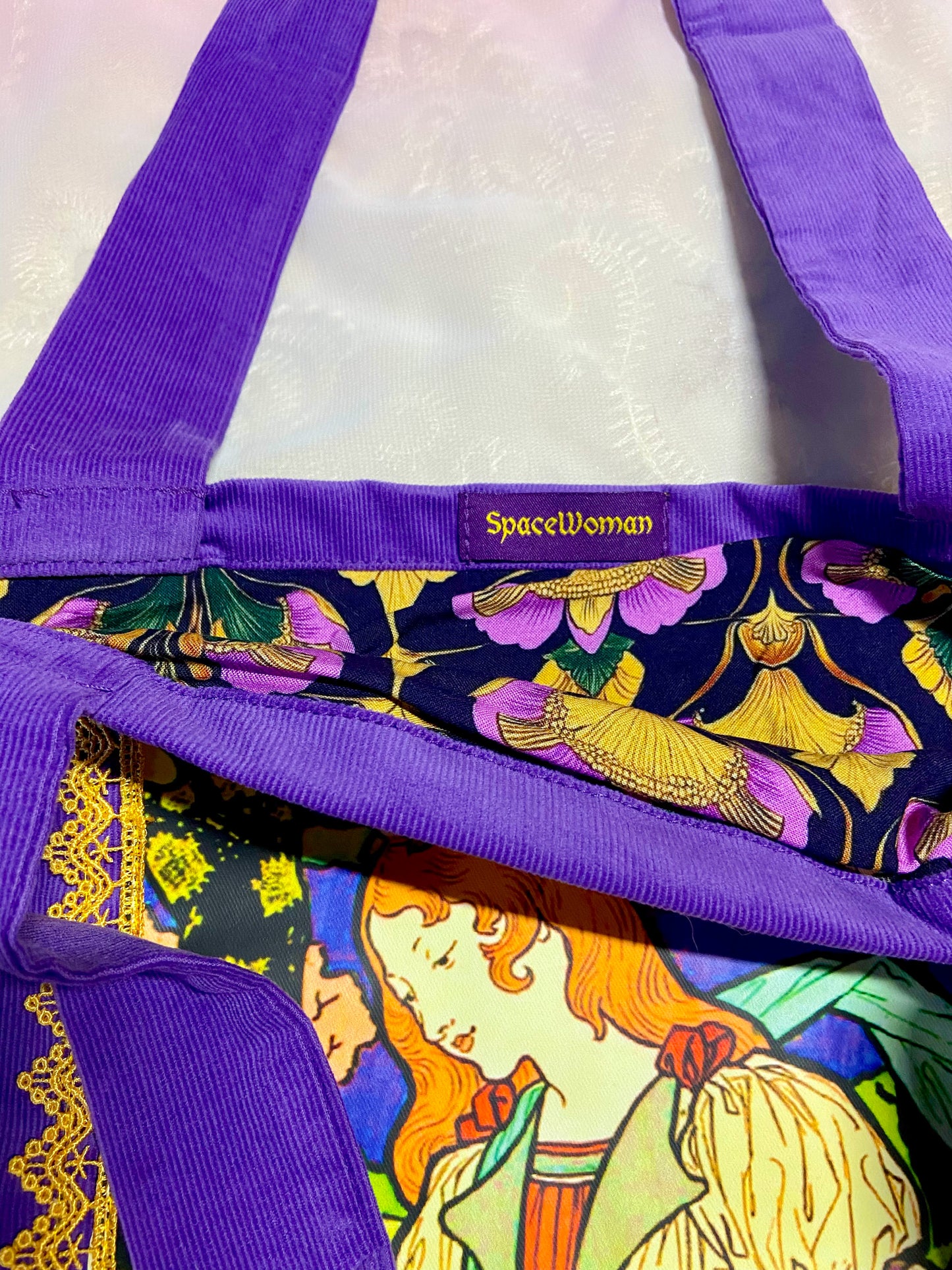 Guinevere Tapestry Tote Bag Purple with Trim