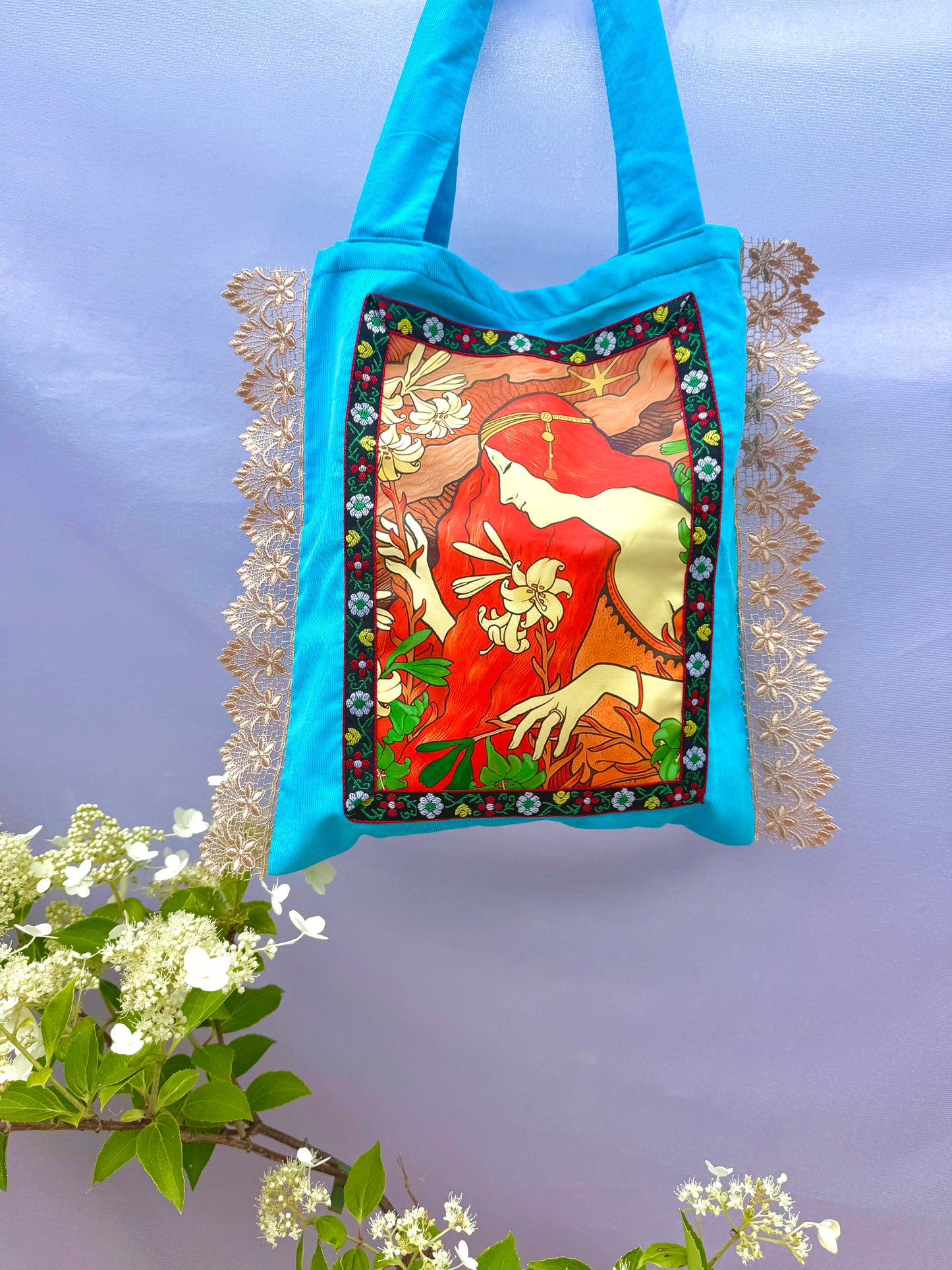 Shalott Tapestry Tote Bag Blue with Lace