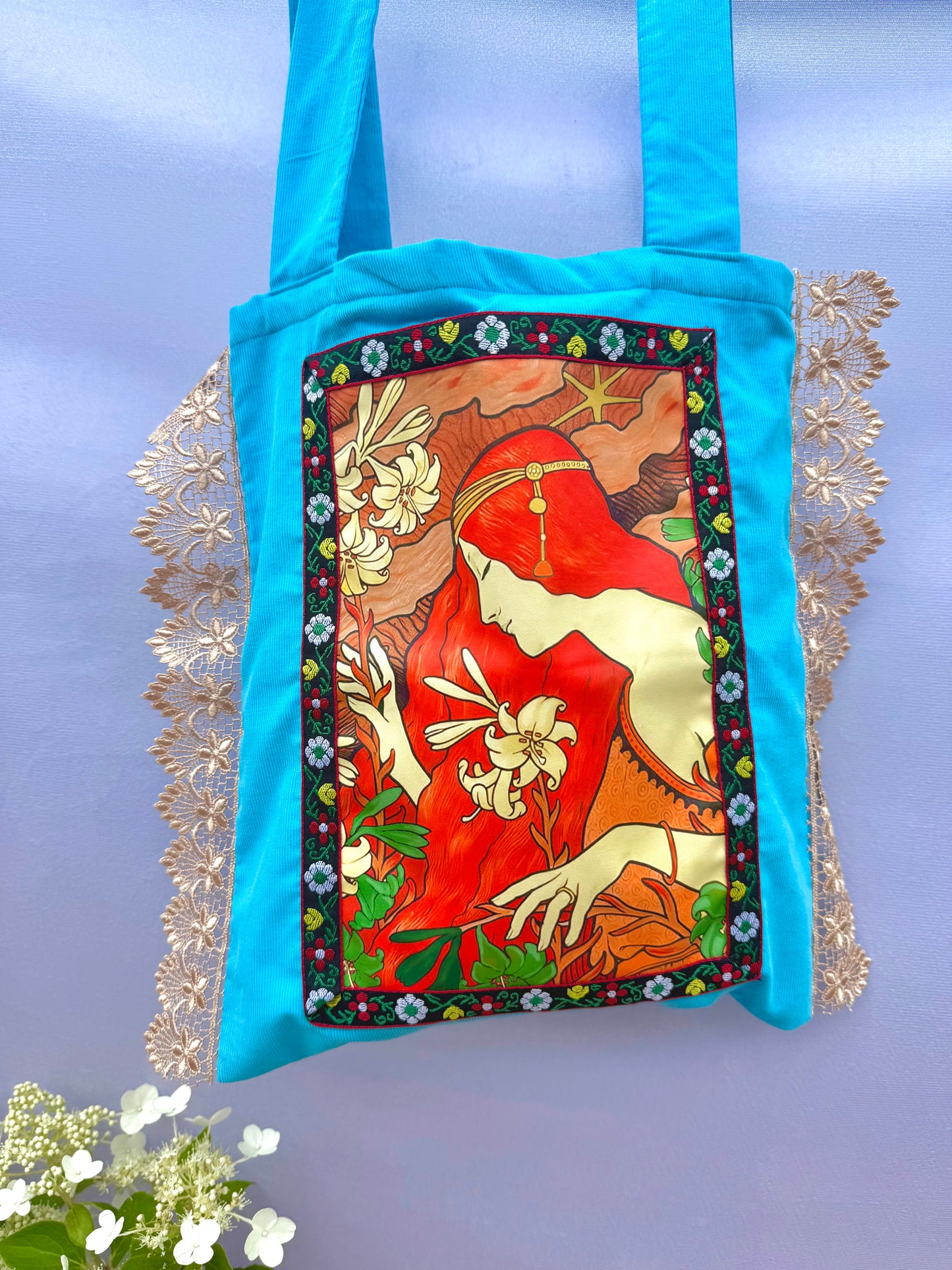Shalott Tapestry Tote Bag Blue with Lace
