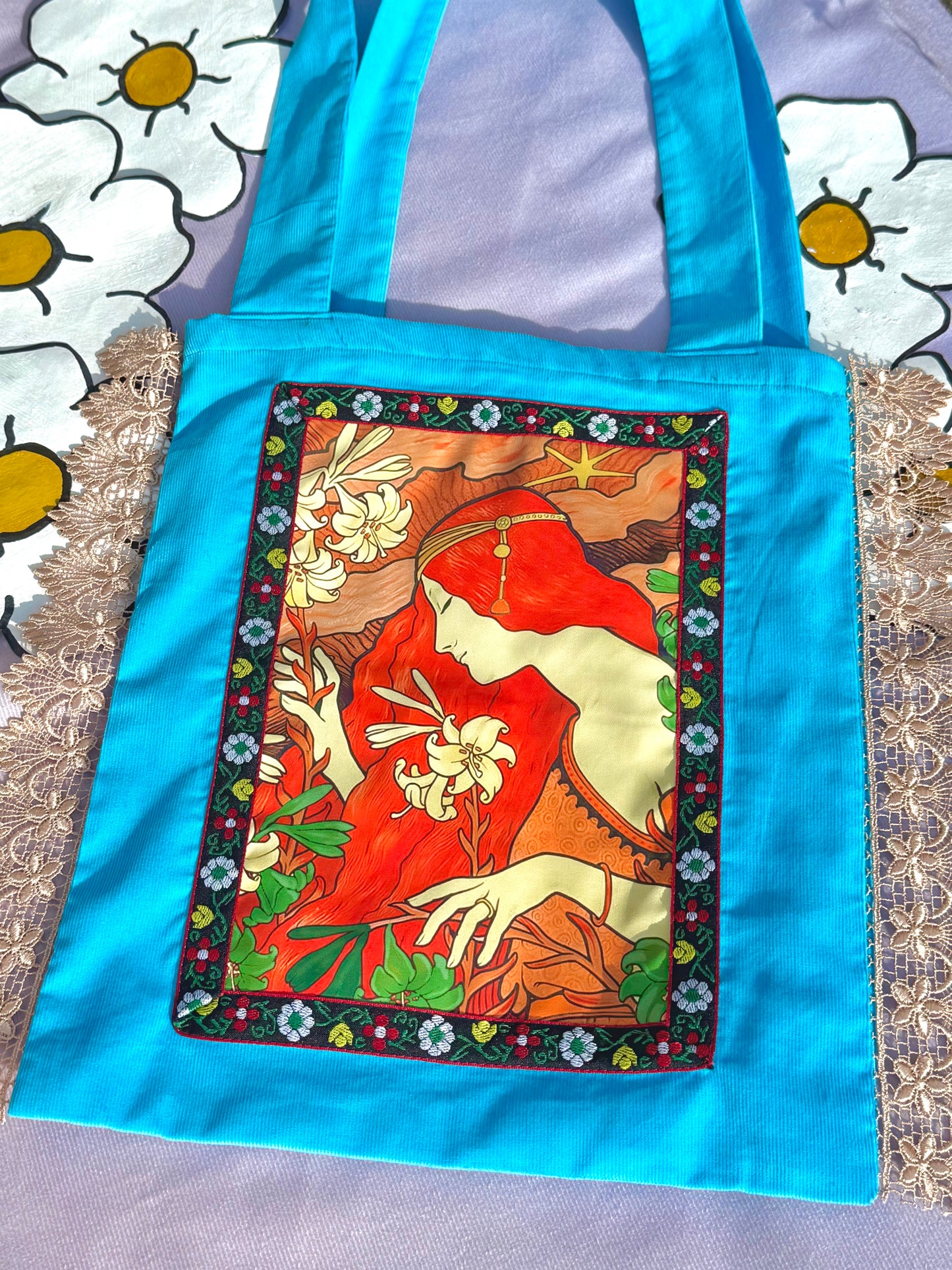 Shalott Tapestry Tote Bag Blue with Lace
