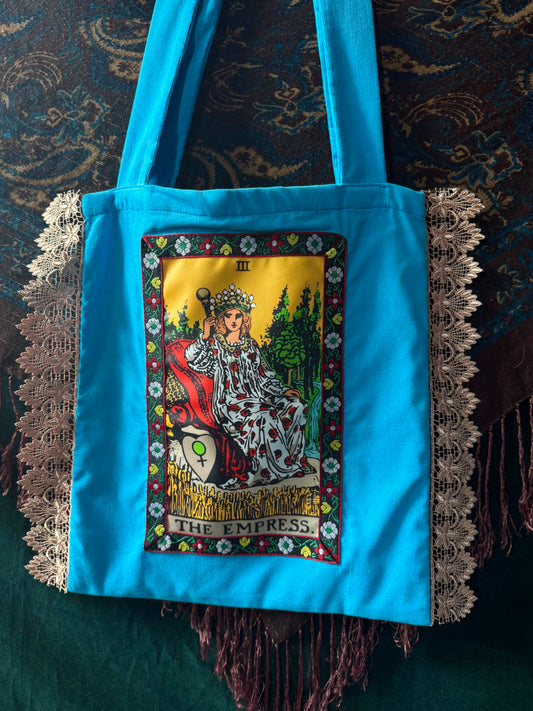 Empress Tarot Tote Bag Blue with Lace