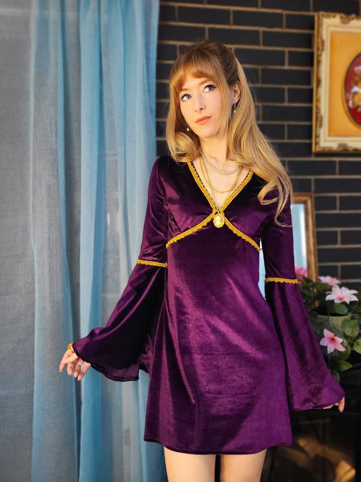 velvet bell sleeve dress Stained Blackberry French Meadows Fabric has some stretch Elven Blue Velvet Bell Sleeve