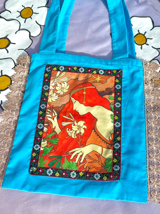 Shalott Tapestry Tote Bag Blue with Lace
